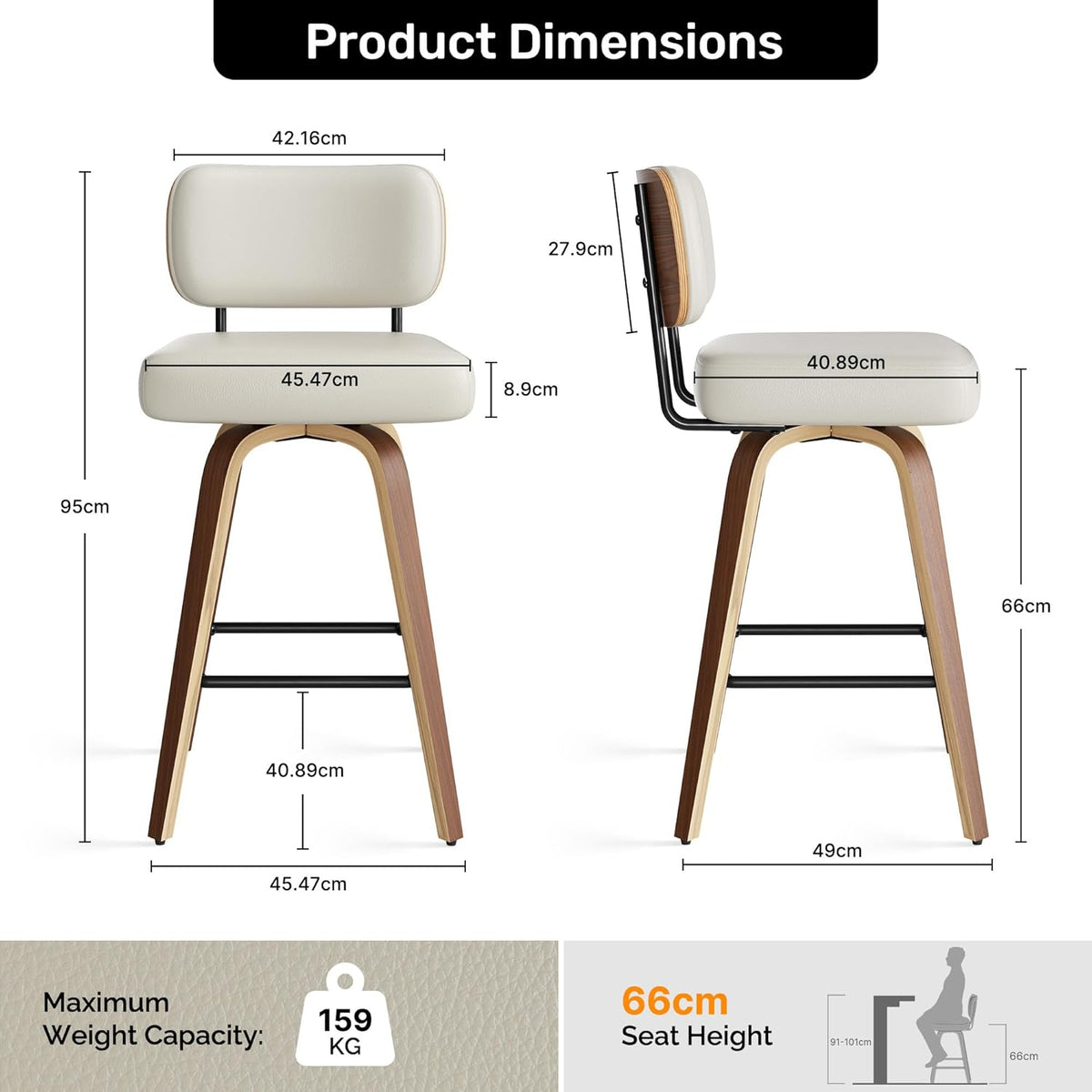 Juego de 2 taburetes de bar giratorios con respaldo, altura de asiento de 65 cm, piel sintética y madera maciza, diseño de mediados de siglo con 4 patas y reposapiés, sillas de bar para cocina y bar en gris beige