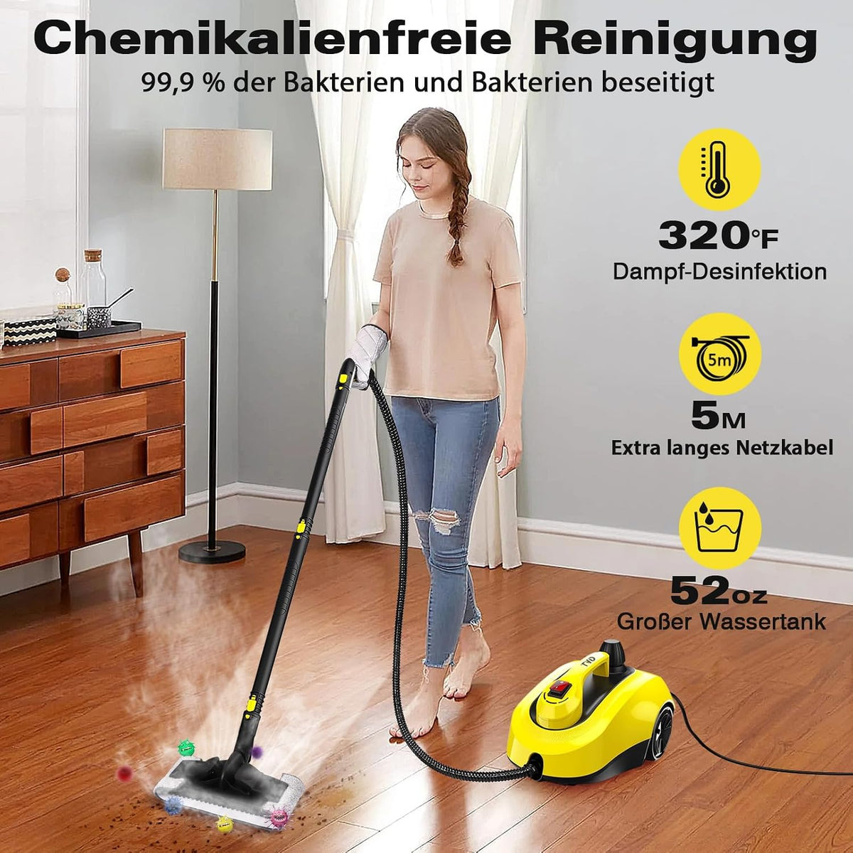 Limpiador a vapor TVD, limpiador de tapicería, limpiador a vapor con cable de alimentación extralargo de 5 m para suelos, horno, coche, azulejos, alfombras, tapicería, sofás, chinches.