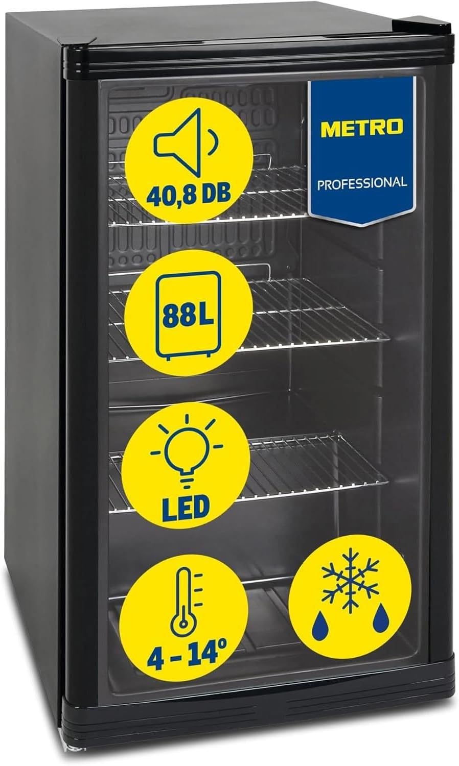 Mininevera profesional METRO GPC1088, 88 L, 1,052 kWh/24h, 3 estantes de rejilla de acero inoxidable, negro