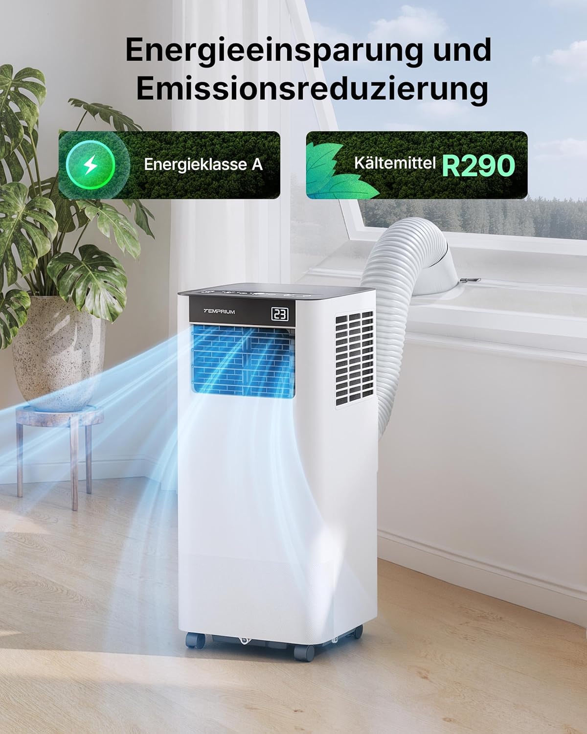 Aire acondicionado portátil 9000 BTU 2,6 kW con tubo de escape | Aire acondicionado móvil 3 en 1 | Sellado de ventanas | Control por APP + mando a distancia | Funcionamiento silencioso | Temporizador 24h | Para habitaciones de hasta 25 m²