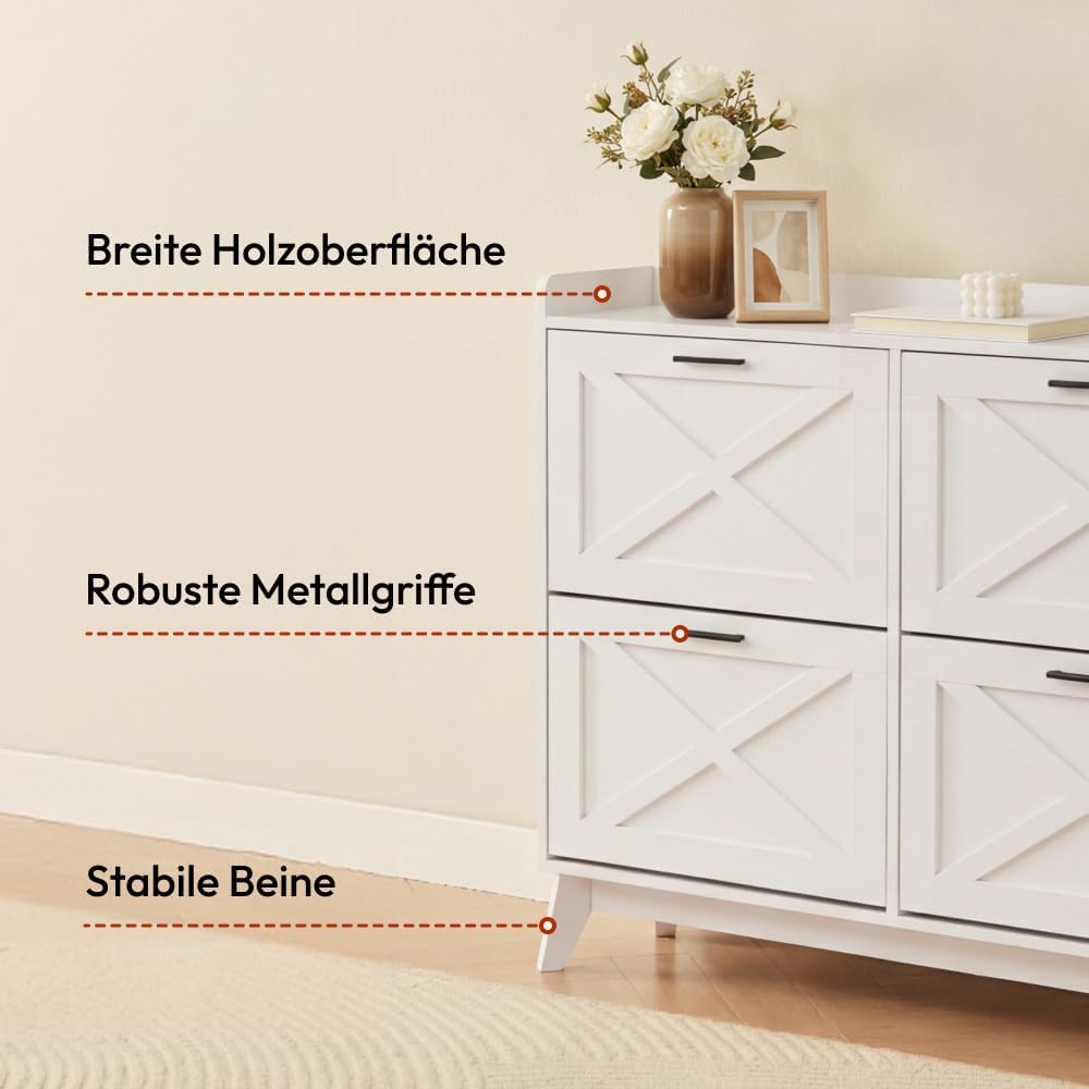 Zapatero CASABEL con 4 trampones, frentes con patrón de cruz, blanco, diseño funcional, gran capacidad para 24 pares, mueble práctico para recibidor o salón, 114x24x83 cm
