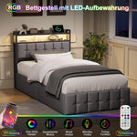 Bettgestell 90x200,boxspringbett mit LED,Einzelbett mit Stauraum,hydraulisch stauraumbett gepolstertes Bett,Funktionsbett Jugendbett mit USB,Polsterbett für 1 Person (Grau+Leinen)