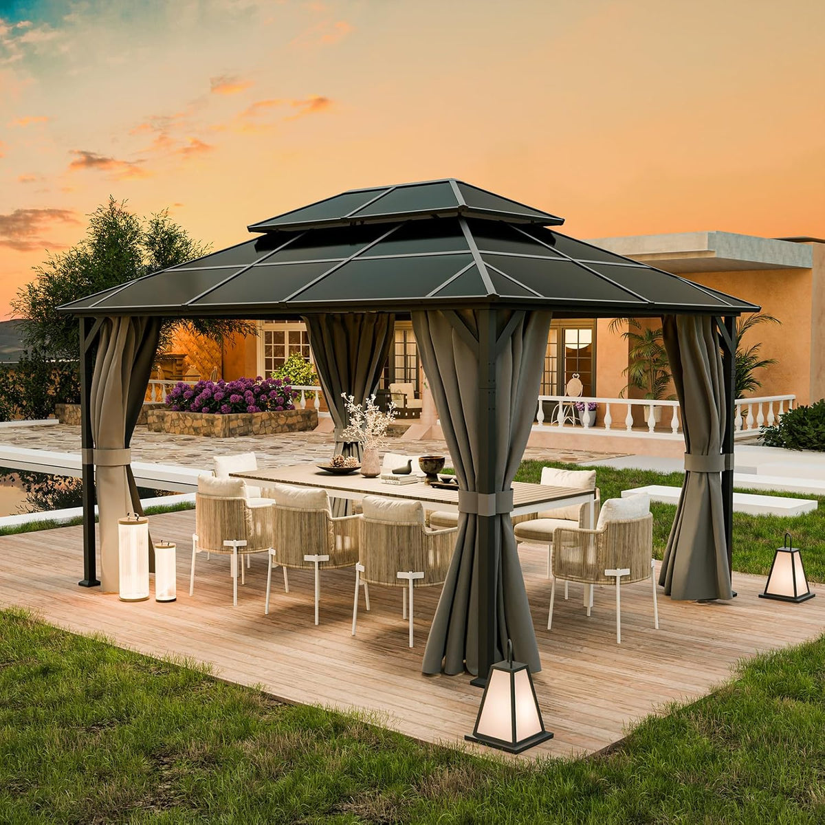UDPATIO 3x4 m Pavillon Polycarbonat Doppeldach mit Vorhängen,Wetterbeständige Legierungen-Gartenpavillon wasserdicht stabil Winterfest UV-Schutz 6x6 cm starken Pfosten für Garten, Terrasse, Grau