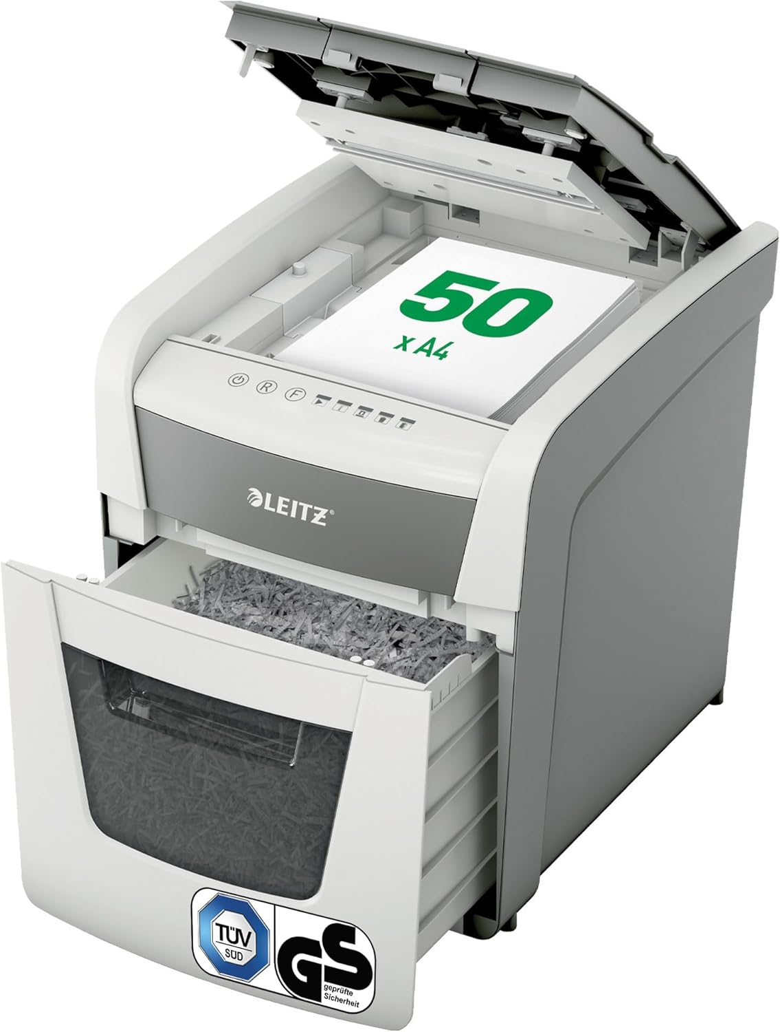 Destructora de documentos Leitz IQ Autofeed Small Office, tritura pilas de 50 hojas de papel, ahorra tiempo con alimentación automática, corte en partículas P4, papelera de 20 L, funcionamiento silencioso para oficina, 80350000