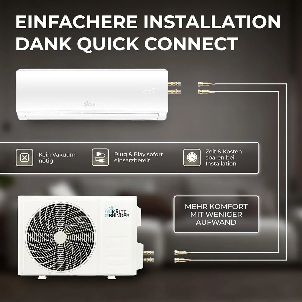 Kältebringer Split Klimaanlage Quick Connect - 12000 BTU (3,4 kW) Klimagerät mit Heizfunktion, WiFi & App, bis 91qm, sehr leise - 5m Kupferleitung, Kältemittel R32, Montagematerial, Wandhalterung
