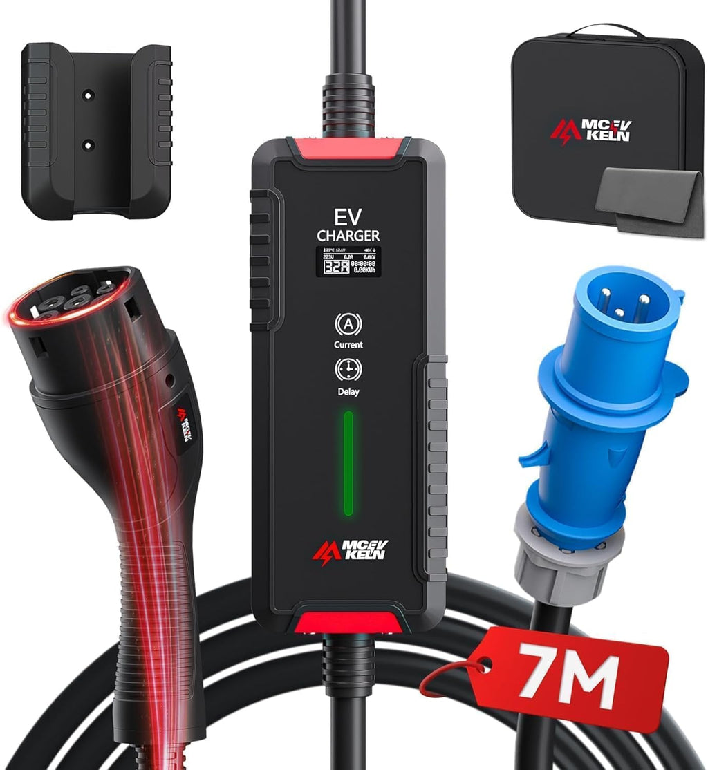 MCEVKELN Cargador Tipo 2 7KW Cargador de Coche Eléctrico con CEE (3 Pines | Monofásico), Corriente Conmutable 6-32A, IP65, Cable de Carga EV Tipo 2 de 7M, IEC 62196-2 EVSE con Bolsa de Transporte