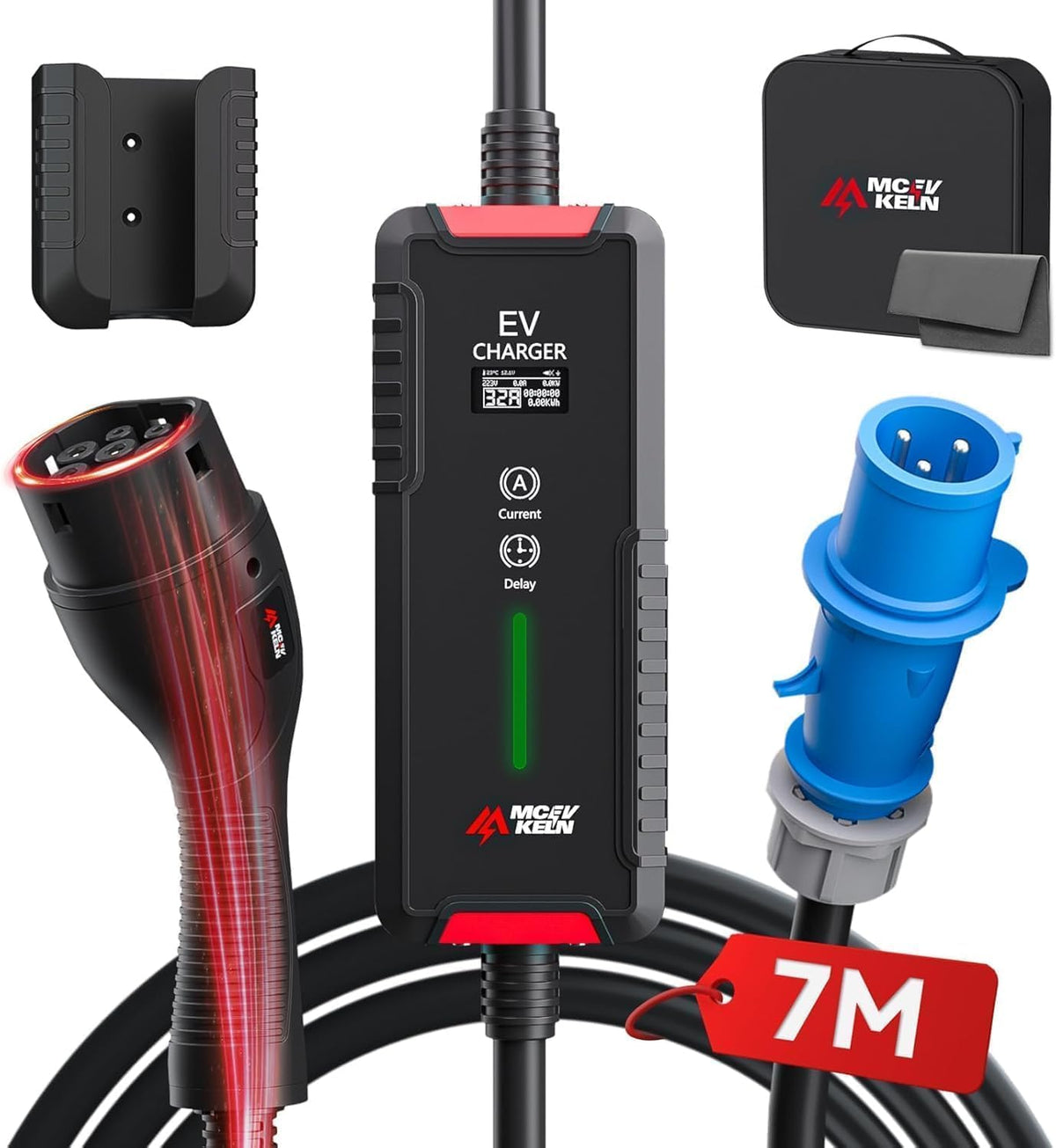 MCEVKELN Cargador Tipo 2 7KW Cargador de Coche Eléctrico con CEE (3 Pines | Monofásico), Corriente Conmutable 6-32A, IP65, Cable de Carga EV Tipo 2 de 7M, IEC 62196-2 EVSE con Bolsa de Transporte