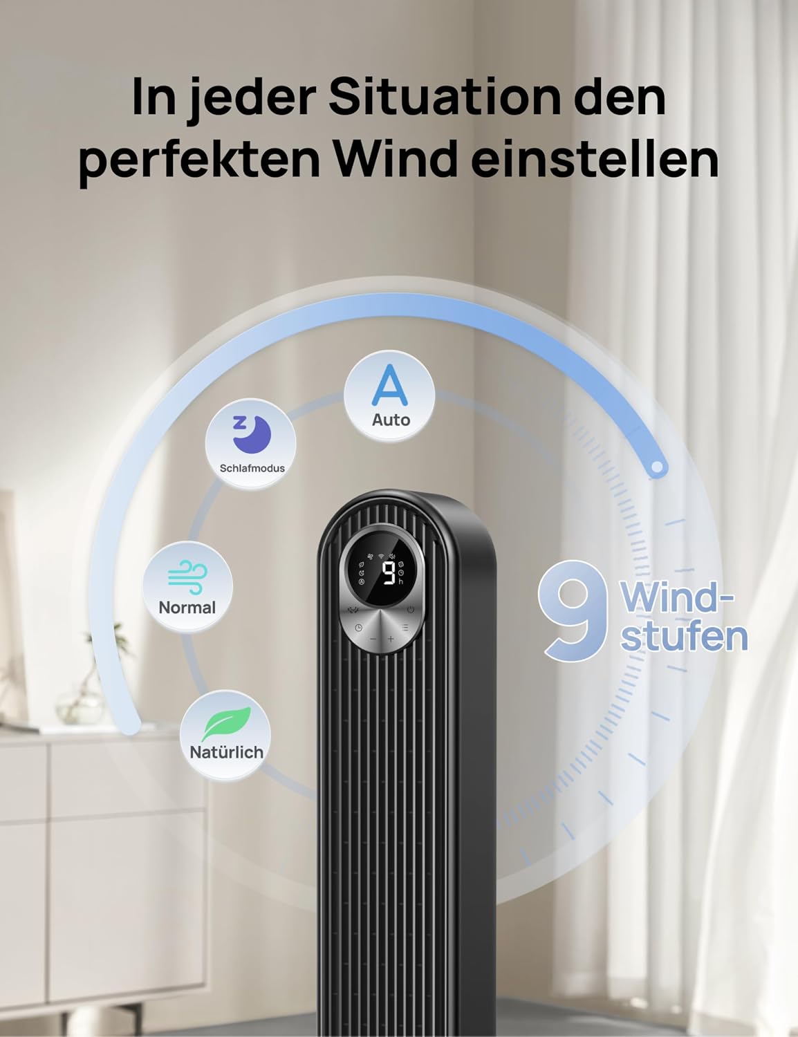 Dreo Smart 20dB DC Motor Turmventilator Leiser, 11M Windentfernung Ventilator mit Fernbedienung,9 Stufen 4 Modi, 90° Oszillierender Standventilator mit Sprachteuerung für Schlafzimmer, 12H Timer