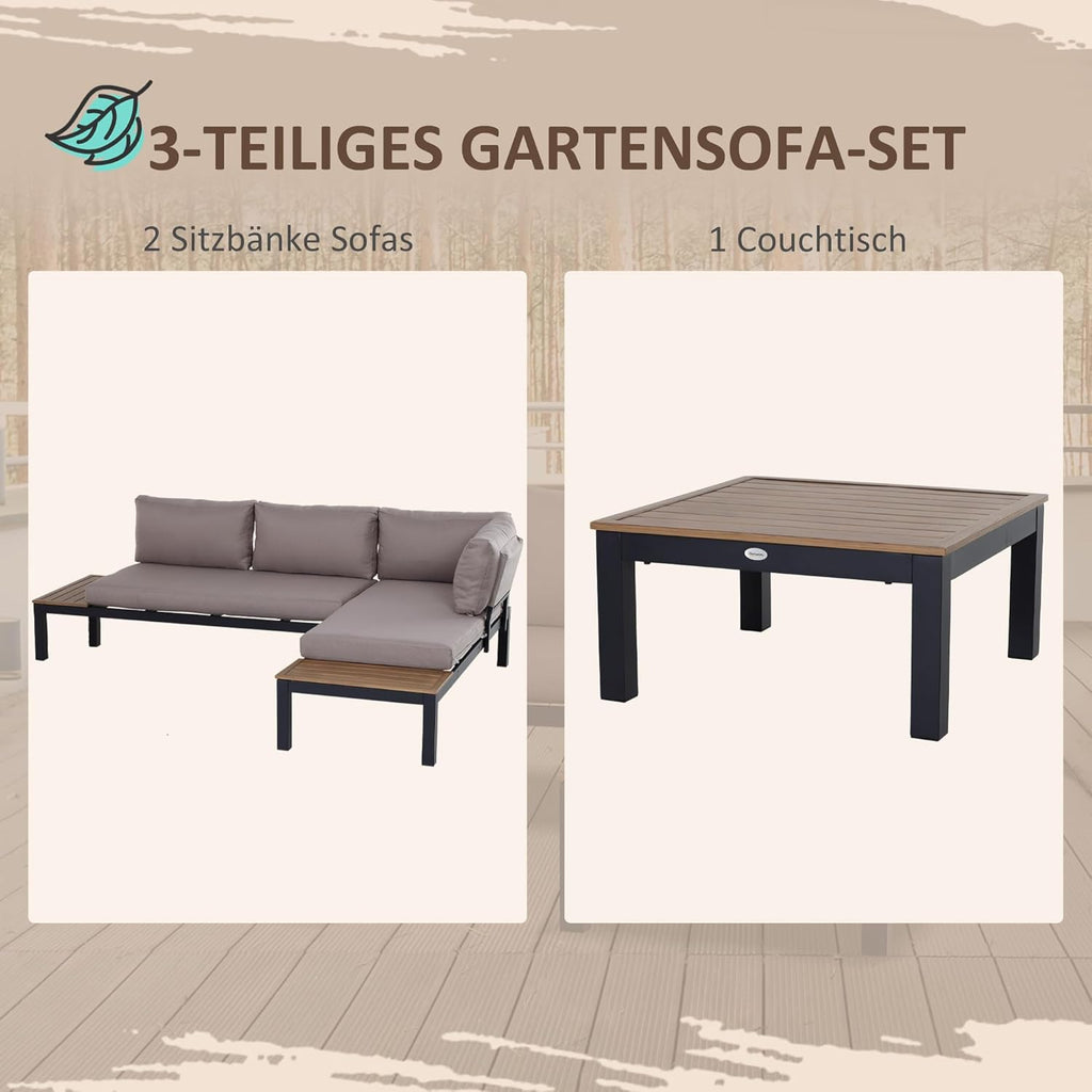 Outsunny 3-teiliges Gartenmöbel-Set mit Beistelltisch, Sofa mit Kissen, Outdoor, Aluminium, 164 x 74 x 69 cm