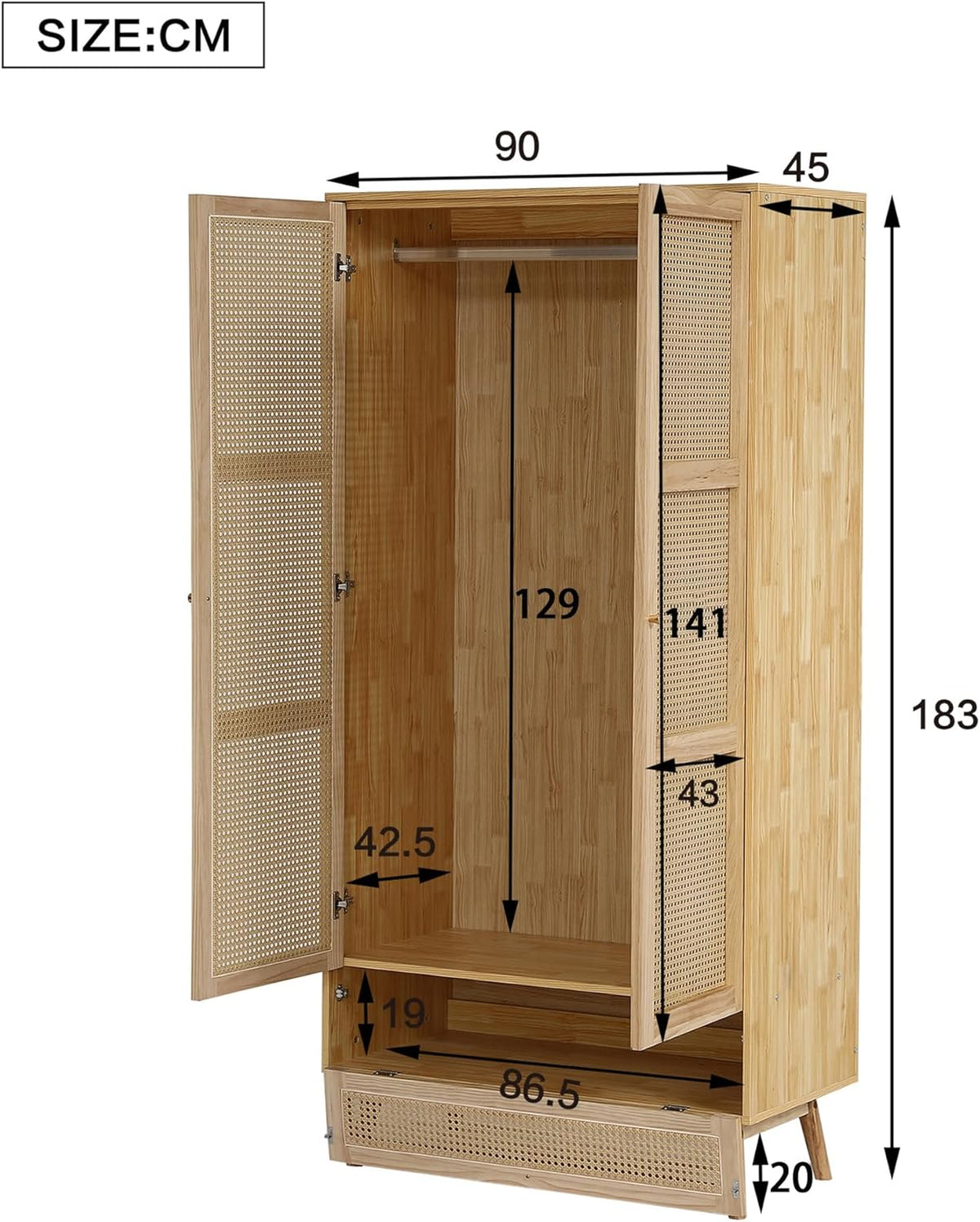 Soweiz Armario con barra, armario de 2 puertas, dormitorio, red de ratán, sala de estar, con solapa inferior, tablero de partículas + ratán de polietileno, natural