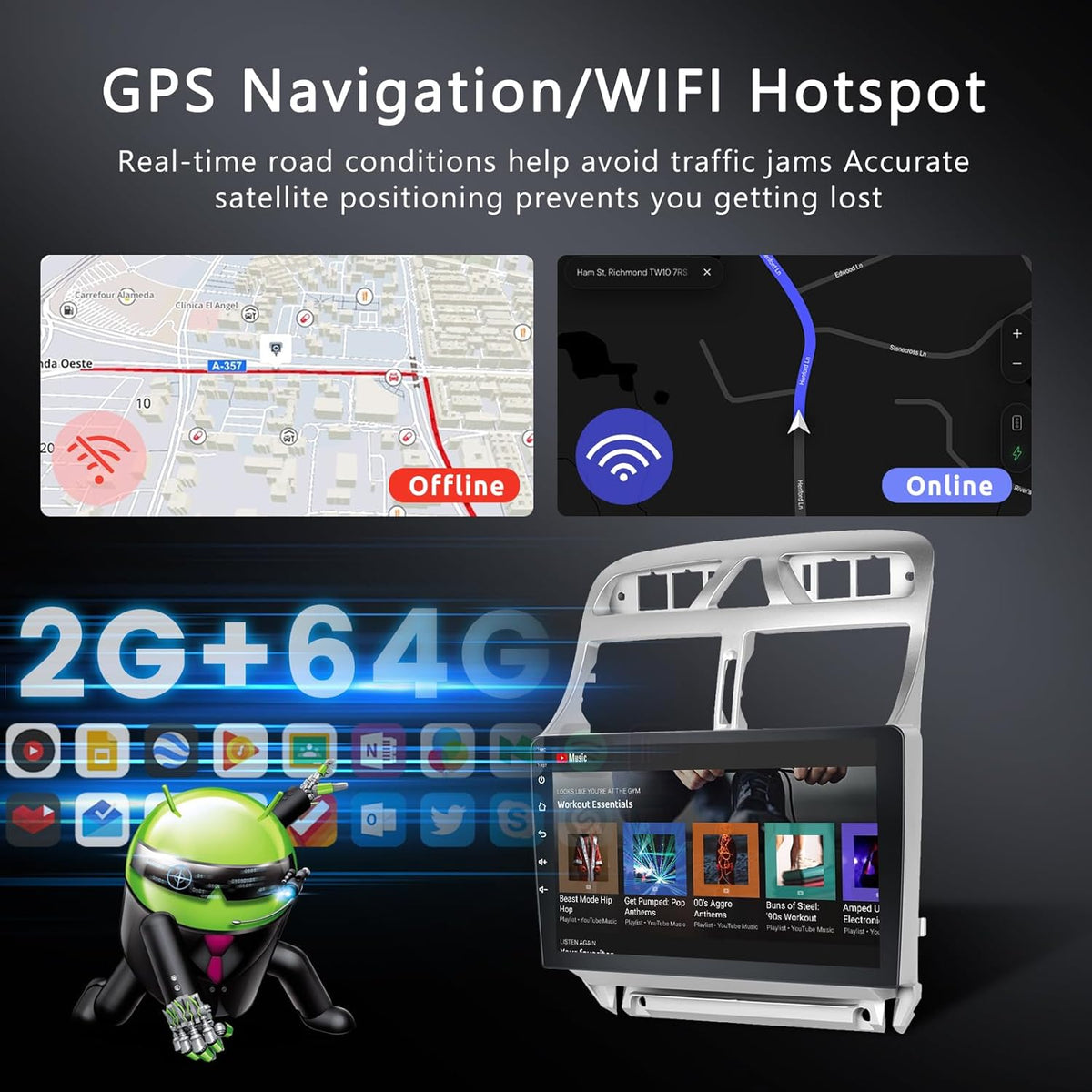 Autorradio Android 2GB 64GB para Peugeot 307 307CC 307SW 2002-2013 con Carplay inalámbrico y Android Auto, pantalla táctil Hodozzy de 9 pulgadas, navegación GPS, Bluetooth, WiFi, radio FM/RDS, SWC, EQ