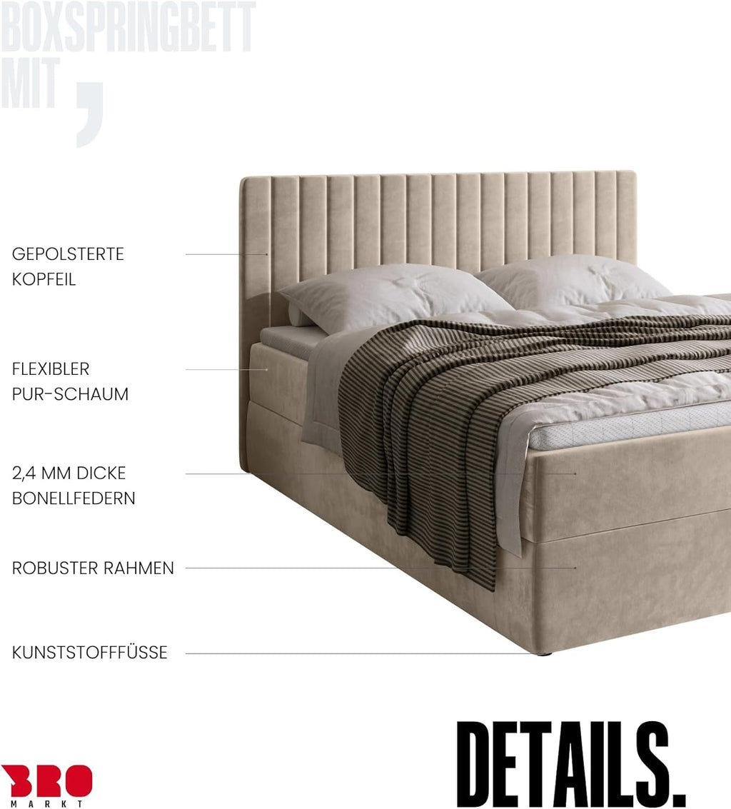 Cama boxspring BROMARKT con arcón, cama tapizada con colchón Bonnell y topper, cama doble con espacio de almacenamiento para dormitorio, cabecero acolchado Dream 140x200, grado de firmeza H3, tejido de terciopelo beige