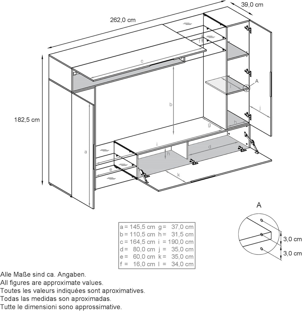 Mueble de salón Vladon Mirage, fabricado en Alemania, mueble mural con panel trasero con 2 puertas, 2 puertas abatibles y 6 estantes de cristal abiertos, negro mate/gris brillante, incluye iluminación LED (262 x 183 x 39 cm)
