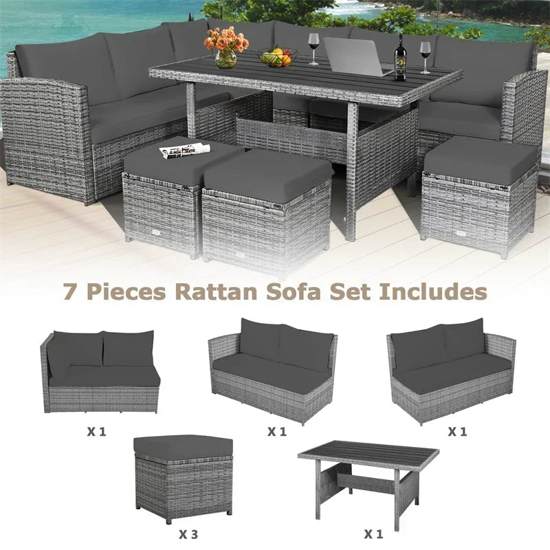 Conjunto de muebles de comedor para patio de 7 piezas de ratán con sofá seccional, mesa de comedor, otomanas y cojines