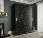 Armario de puertas correderas KRYSPOL Marmur T de 150 cm con barra para ropa y estante, armario para dormitorio o salón, diseño moderno (negro mate + mármol negro, cajones: 0)