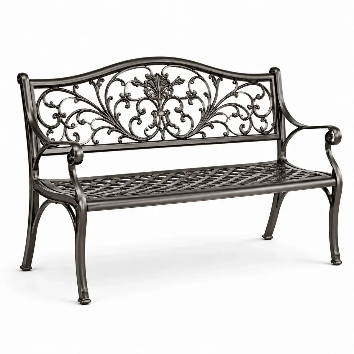 Banco de jardín de metal con adornos negro 125 cm