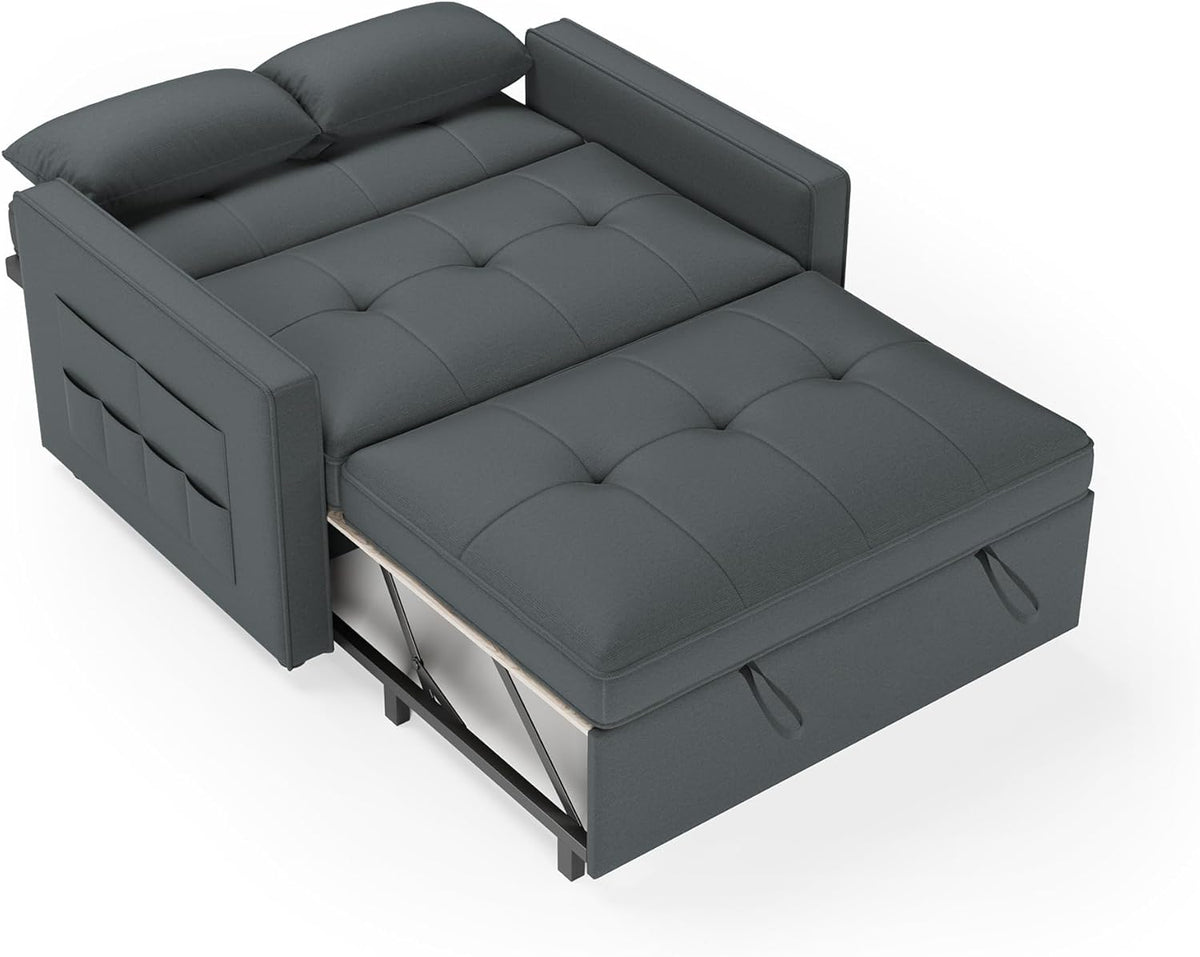 LUXOAK Schlafsofa 186 x 122 cm mit 5-stufig Verstellbarer Rückenlehne, 3-in-1 Schlafcouch mit Kissen und Seitentasche, graues Leinen-Sofa für Gästezimmer & kleine Räume