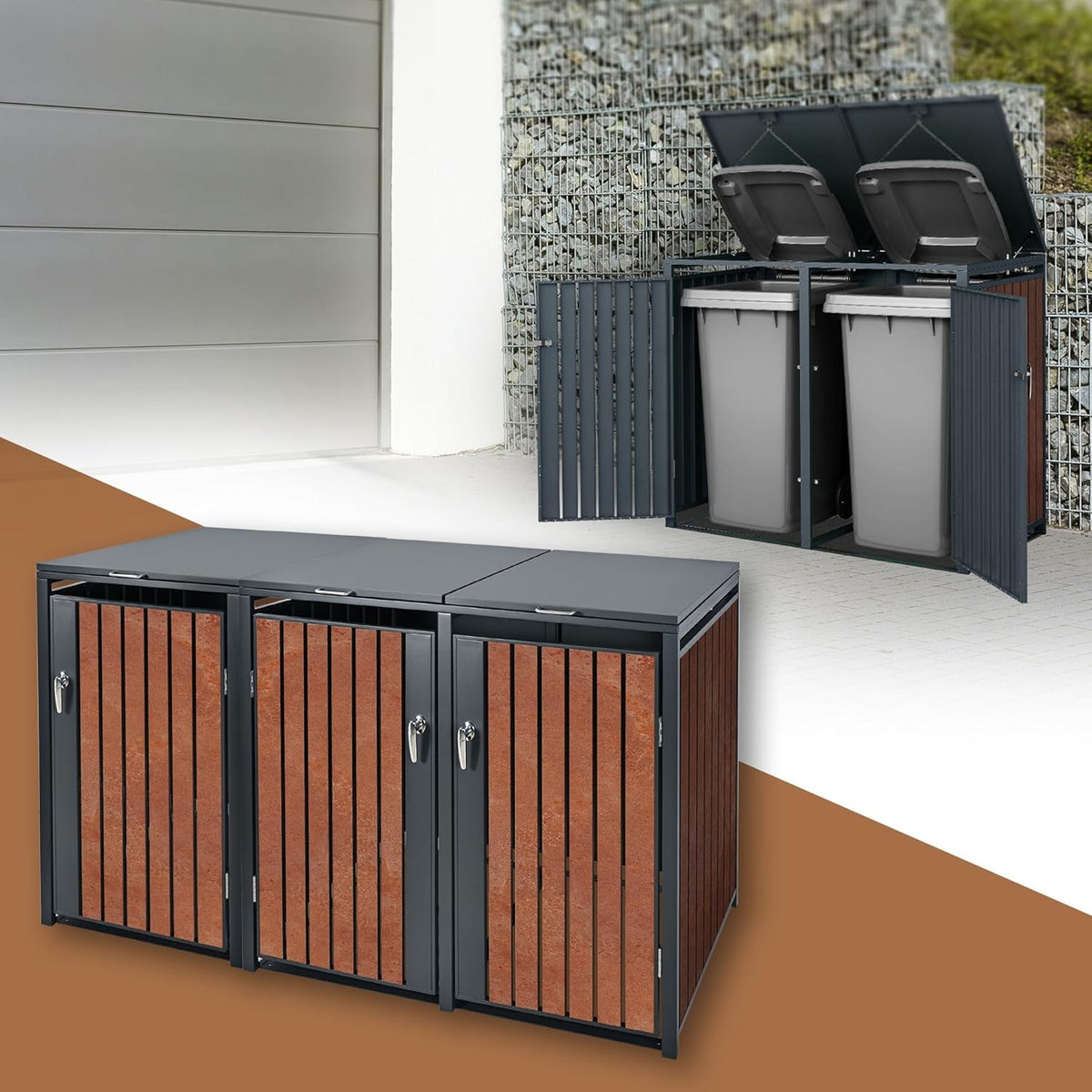 ML-Design Mülltonnenbox 3er 240L, Mülltonnenverkleidung für 3 Mülltonnen, Müllbox wetterfest, Mülltonnenhaus aus Stahl, Müllcontainer mit Deckel, abschließbare Tür, 200x80x116,3 cm Anthrazit-Rostoptik