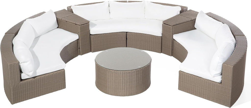 Conjunto lounge de 9 plazas Beliani de ratán marrón redondo con cojines blancos y mesa de centro Severo