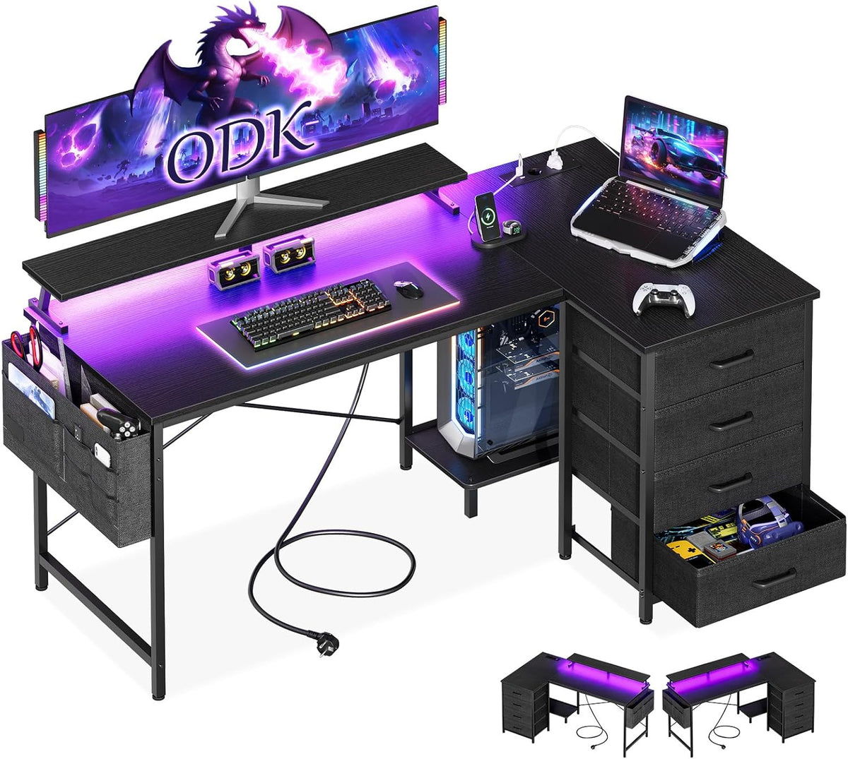 Escritorio en esquina ODK con 4 cajones de tela, escritorio en forma de L reversible de 140x80 cm con 2 enchufes y 2 puertos de carga USB, escritorio gaming en forma de L con LED y soporte para monitor para oficina en casa, negro