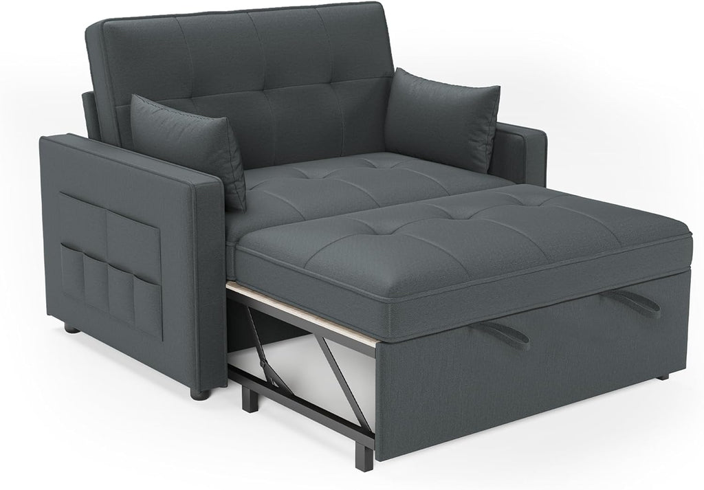 LUXOAK Schlafsofa 186 x 122 cm mit 5-stufig Verstellbarer Rückenlehne, 3-in-1 Schlafcouch mit Kissen und Seitentasche, graues Leinen-Sofa für Gästezimmer & kleine Räume