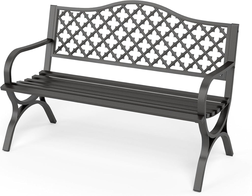 PHI VILLA Schwarze Gartenbank mit Rückenlehne aus Gusseisen und stabilem Stahlrahmen 2-3 Sitzer Bank Outdoor für Veranda, Park, Balkon und Garten