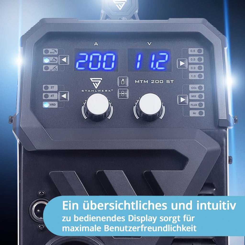 Equipo de soldadura de gas protector 3 en 1 STAHLWERK MTM-200 ST – equipamiento completo – TIG, MIG/MAG, MMA/electrodo hasta 200 A, alimentación de alambre sinérgica, accionamiento de 4 rodillos, apto para hilo relleno, acero, chapa fina