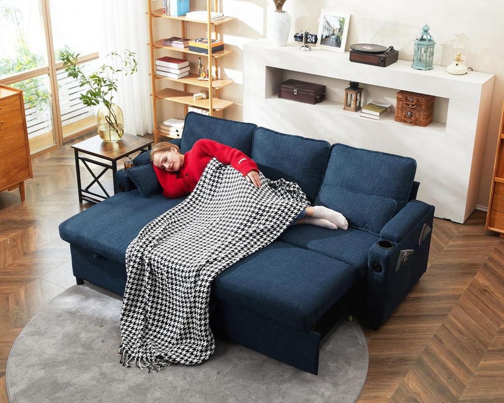 DURASPACE Schlafsofa Ausziehbar 2 in 1 Sektional Couches Schlafcouch mit Lagerung, USB, Getränkehalter, Schlaffunktion und Bettkasten Ecksofa Stauraum für Wohnung Wohnzimmer (Blau)