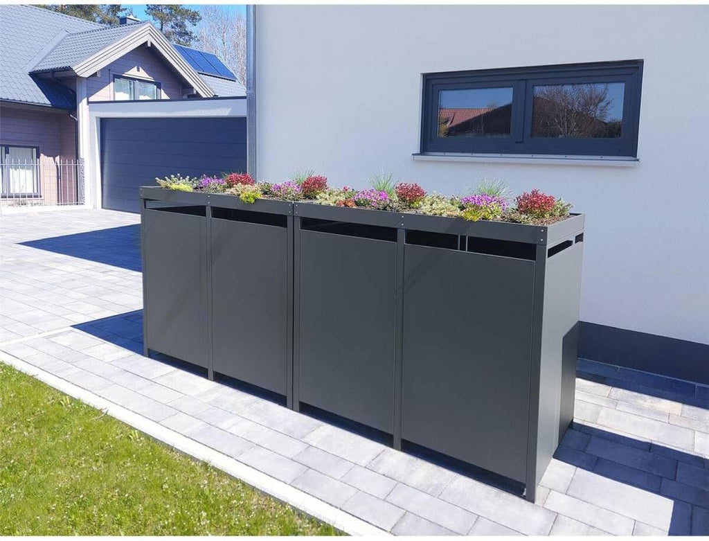 Cubo para basura Metzler en color antracita con techo para plantas, para 2 cubos de 240L, revestimiento para 2 cubos, acero con recubrimiento en polvo y resistente a la intemperie con tapa automática, con cerradura, caja para jardín y basura