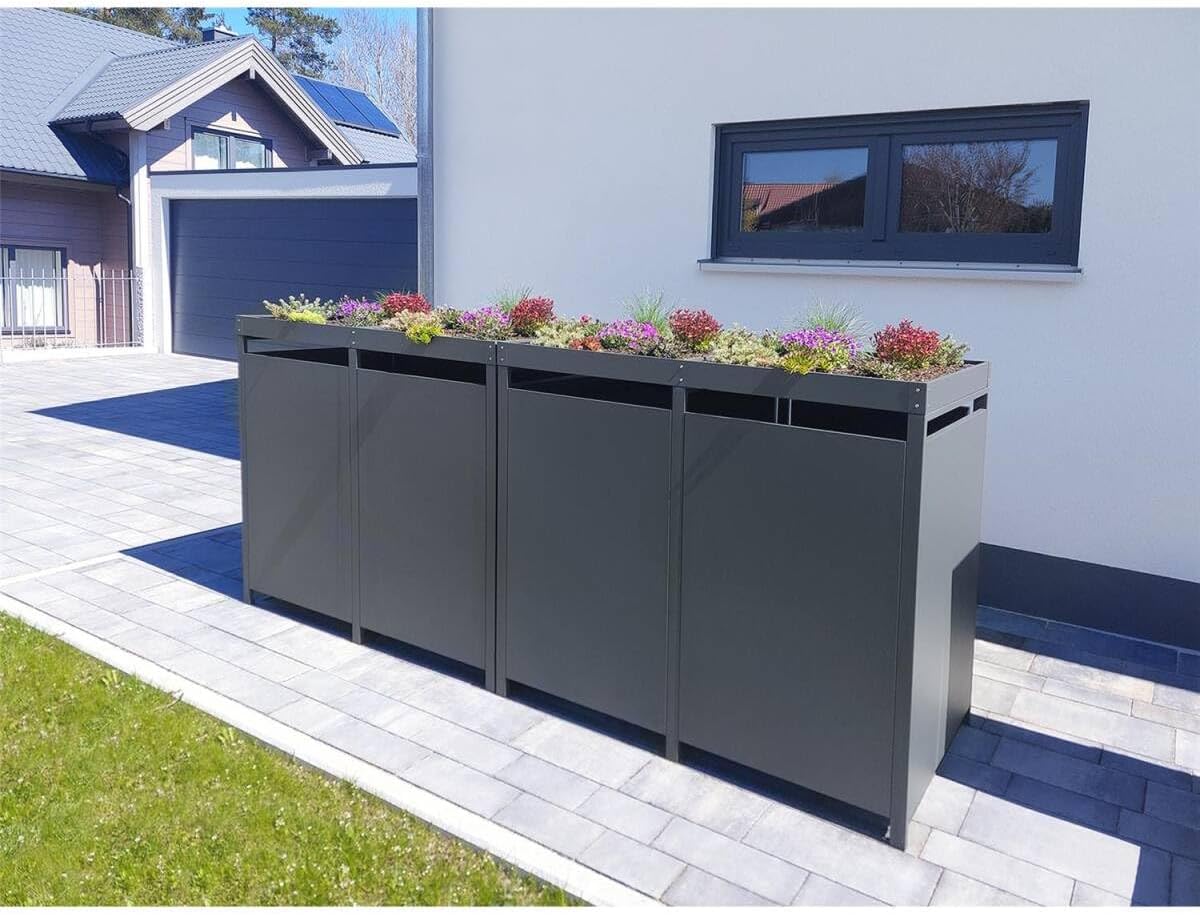 Cubo para basura Metzler en color antracita con techo para plantas, para 2 cubos de 240L, revestimiento para 2 cubos, acero con recubrimiento en polvo y resistente a la intemperie con tapa automática, con cerradura, caja para jardín y basura
