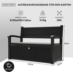Banco de jardín con almacenamiento Olsen & Smith de 265 litros, resistente a la intemperie, arcón con cerradura, caja de almacenamiento para cojines, plástico impermeable, para herramientas, juguetes, mantas y más, negro