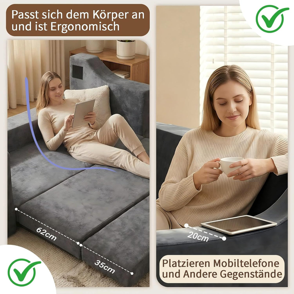Sofá cama con función de descanso: sofá de 2 plazas sin estructura, de espuma, sofá de suelo con reposabrazos, sofá cama para invitados, pernoctaciones, sala de estar, dormitorio, apartamento y balcón