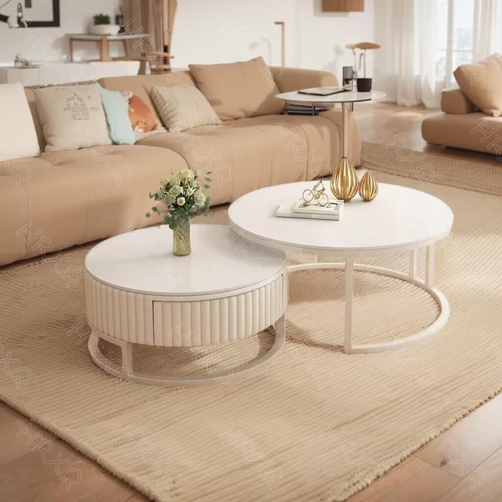 Runder Couchtisch Weiß Couchtisch Rund 2er Set Wohnzimmertisch Nesting Kaffeetisch Für Wohnzimmer, Balkon Und Büro - 70cm+50cm