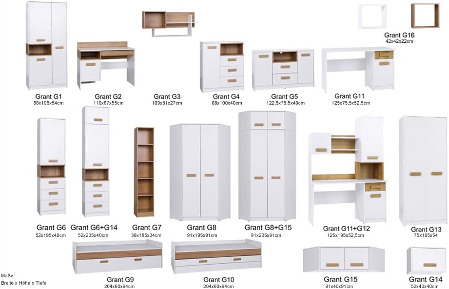 Marmex Grant G8+G15 - Eckschrank 91x235x91 cm, Bücherregal - Eckgarderobe mit Kleiderstangen und Einlegeböden für das Jugendzimmer, Schlafzimmer - Eckkleiderschrank - weiß + Riviera Eiche