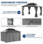 UDPATIO 3x4 m Pavillon Polycarbonat Doppeldach mit Vorhängen,Wetterbeständige Legierungen-Gartenpavillon wasserdicht stabil Winterfest UV-Schutz 6x6 cm starken Pfosten für Garten, Terrasse, Grau