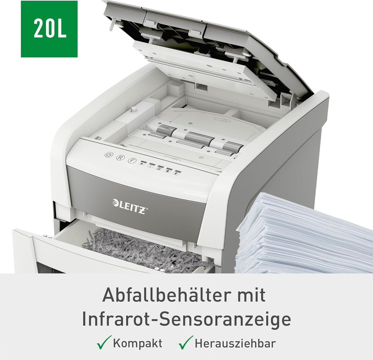 Destructora de documentos Leitz IQ Autofeed Small Office, tritura pilas de 50 hojas de papel, ahorra tiempo con alimentación automática, corte en partículas P4, papelera de 20 L, funcionamiento silencioso para oficina, 80350000