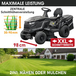 Tractor cortacésped a gasolina BRAST | 9,2 kW (12,5 CV) | Arranque eléctrico | Ancho de corte XXL de 98 cm | Función 2 en 1 | Transmisión de 7 velocidades | Cesta de recogida de 245 L | para grandes superficies de césped de 1.000-5.000 m²