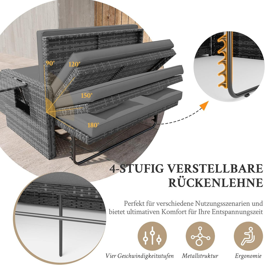 Amopatio Rattan Gartenlounge Outdoor Set, 2-Sitzer Gartensofa mit Auflagenbox & Verstellbarer Rückenlehne, Wetterfestes Lounge Möbel für Balkon und Terrasse mit Hocker und Kissen, Grey