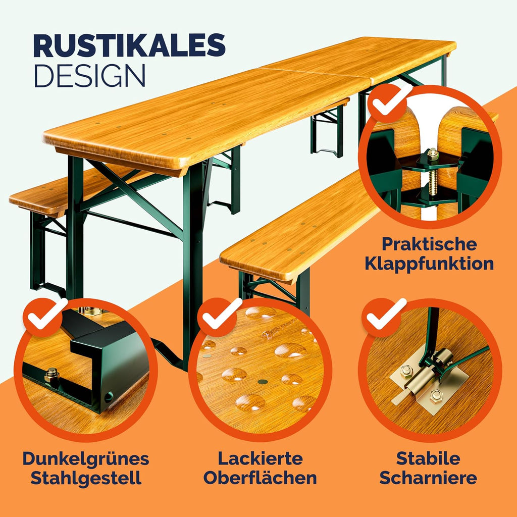 Casaria Bierzeltgarnitur 220 cm Klappbar Stabil 3 Teilig 2X Bierbank 1x Breiter Tisch Holz Biertischgarnitur Festzeltgarnitur Biergarten Biergarnitur