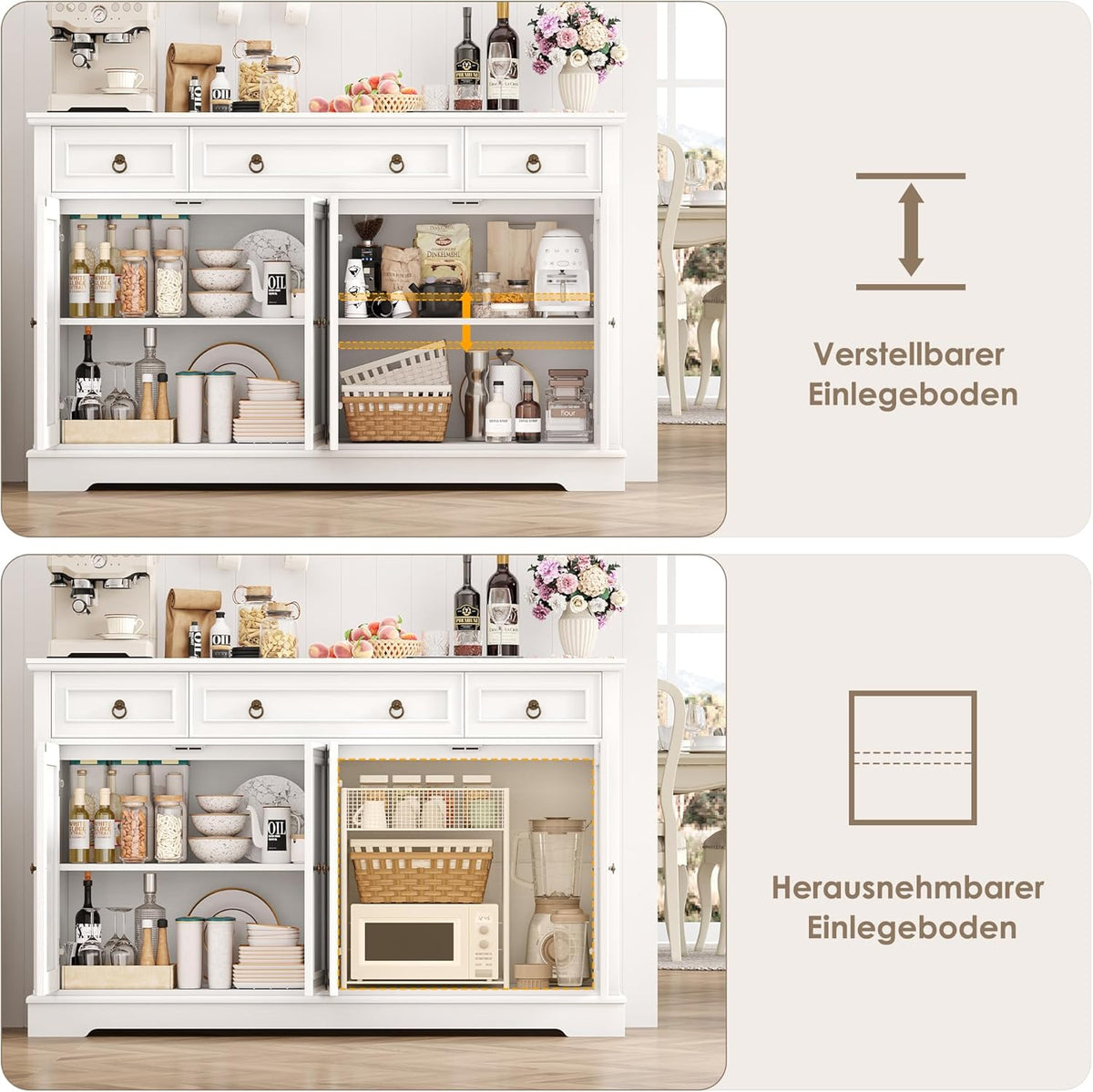 FirFurd Sideboard Küchenschrank mit Arbeitsplatte Buffetschrank Sideboard für Küche Wohnzimmer Wohnzimmerschrank mit 3 Schubladen und 4Türen Küchenbuffet mit Verstellbares Regal 134x87x40 cm weiß