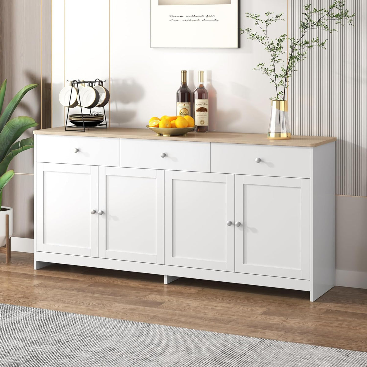 Ymkua Sideboard, Buffetschrank, Kommode für Wohnzimmer und Esszimmer, Aufbewahrungsschrank mit 4 Türen und 3 Schubladen, Moderner Wohnzimmerschrank, 160x37x75 cm, Holz und Weiß