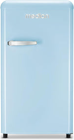 MEDION Retro Kühlschrank (91 Liter, 91cm Höhe (höhenverstellbare Füße), höhenverstellbare Glasablagen, transparente Gemüseschublade, freistehend, Türanschlag rechts, Metall Türgriff, MD37800) blau