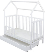 Set completo de cuna Baby Delux, cama casita de 60x120 cm, color blanco, con cajón, barrera anticaídas, colchón, ropa de cama y set de decoración (Prince Stars)