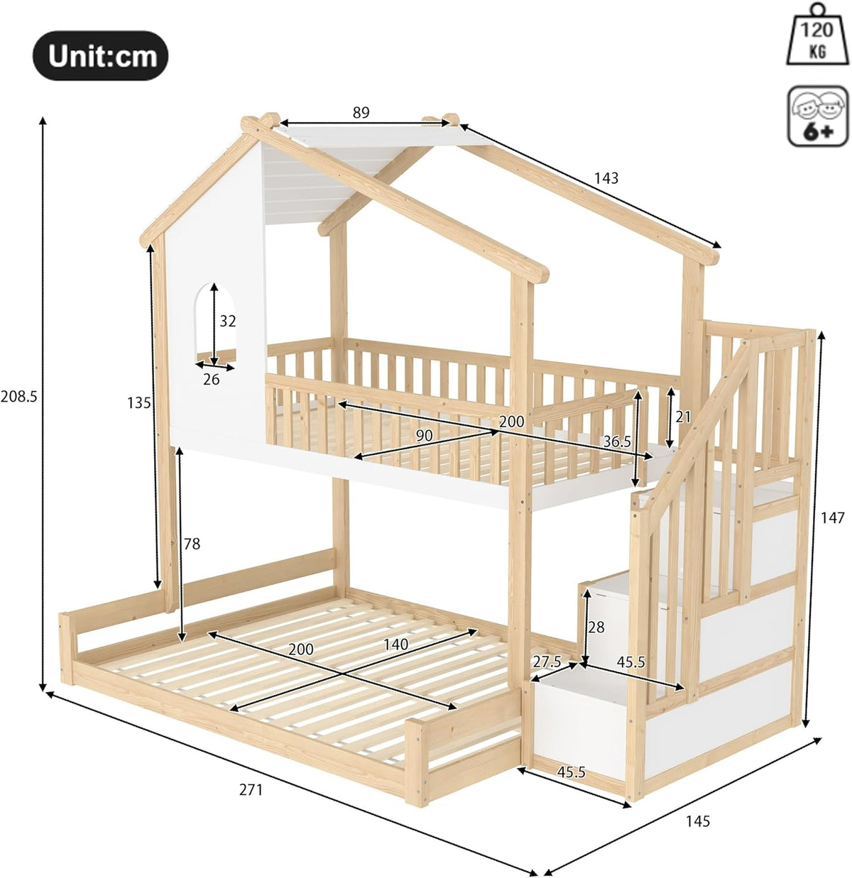 Litera infantil Merax para 2 niños, 90x200 y 140x200 cm, cama alta tipo casita con techo, ventana y barandilla, escalera con 2 compartimentos de almacenamiento, cama con somier y protección anticaídas, sin colchón, blanco y natural
