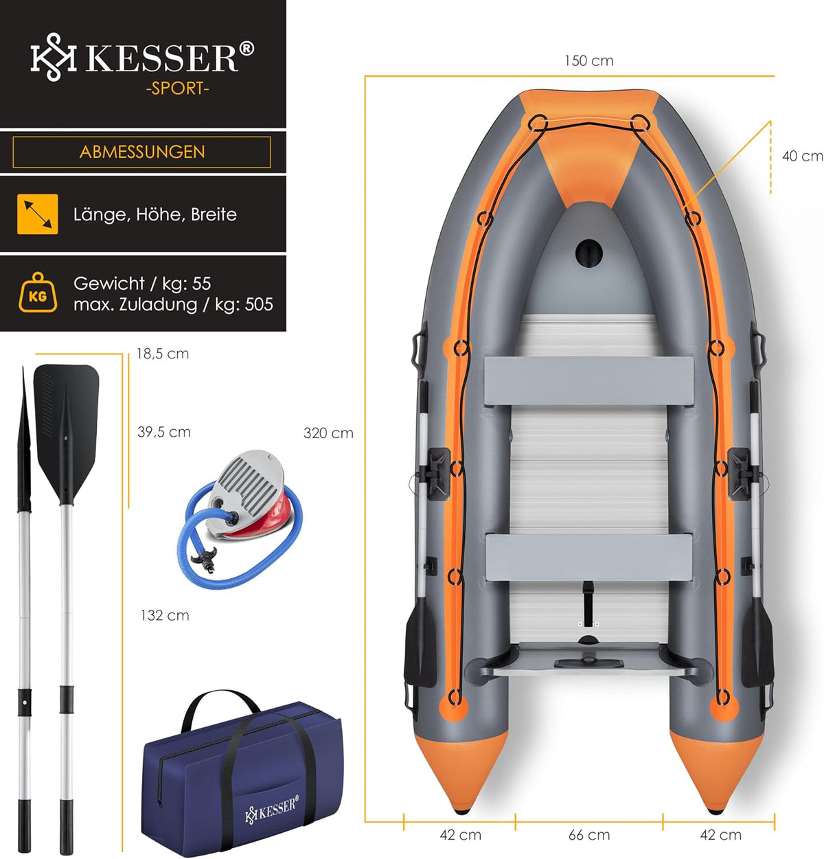KESSER® Bote neumático Wave 230-320 cm set de 6 piezas inflable – Bote + banco, bomba de aire, remos, kit de reparación, bolsa, bote de pesca, bote de remo pequeño y grande - opción de combinación con motor, apto para agua salada
