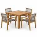 Conjunto de comedor de jardín de madera de teca con mesa y 4 sillas de cuerda trenzada