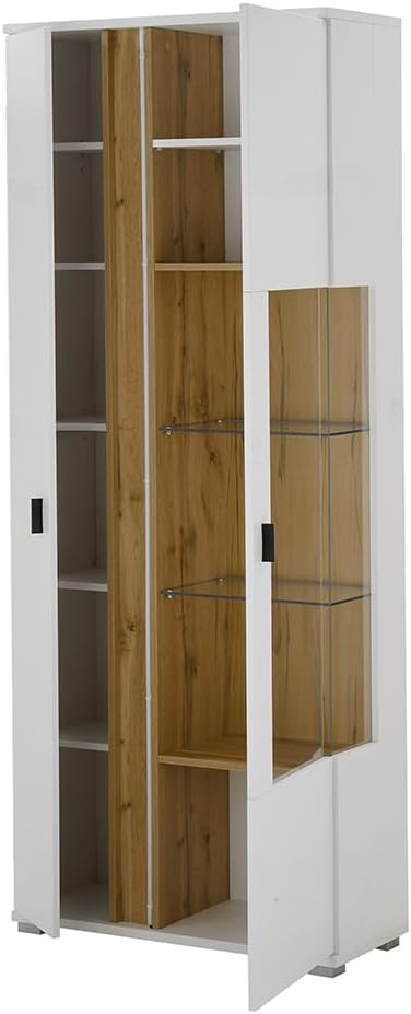 Set de muebles de salón Lomadox de 4 piezas, color blanco y roble, estilo moderno: 1 vitrina, 1 armario alto, 1 mueble bajo, 1 estante de pared, incl. iluminación LED