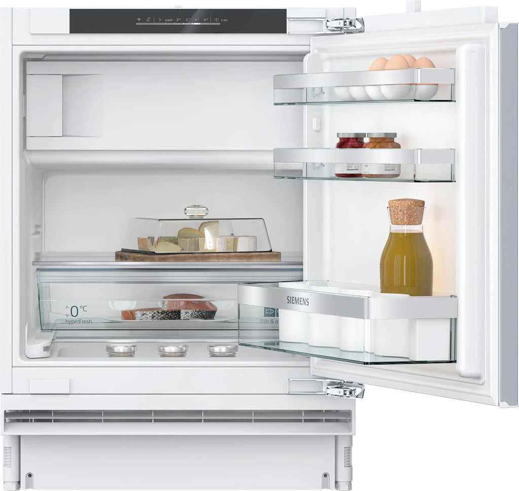 Siemens KU22LADD0, iQ500 Smarter Unterbau-Kühlschrank mit Gefrierfach, 82 x 60 cm Nische, 110 L, hyperFresh Schublade, Flaschenhalter, Sehr leise 35 dB, softClose Flachscharnier mit Softeinzug