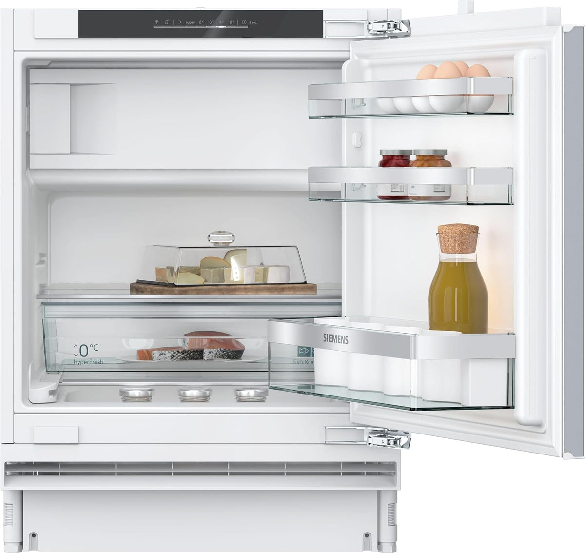 Siemens KU22LADD0, iQ500 Smarter Unterbau-Kühlschrank mit Gefrierfach, 82 x 60 cm Nische, 110 L, hyperFresh Schublade, Flaschenhalter, Sehr leise 35 dB, softClose Flachscharnier mit Softeinzug