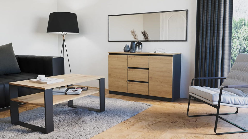 CDF Aparador grande y moderno Costa de 200 cm, conjunto de muebles con 3 puertas y 6 cajones, cómoda sin tiradores para salón o dormitorio, aparador minimalista con gran espacio de almacenamiento - Roble Artisan/Antracita
